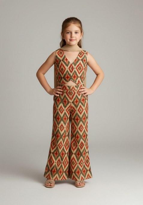 Girls Multicolor Rayon Ikat Printed Fusion Set