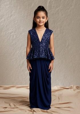 Girls Navy Blue Georgette Sequin Blouse Fusion Set
