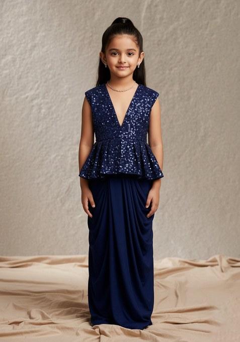 Girls Navy Blue Georgette Sequin Blouse Fusion Set