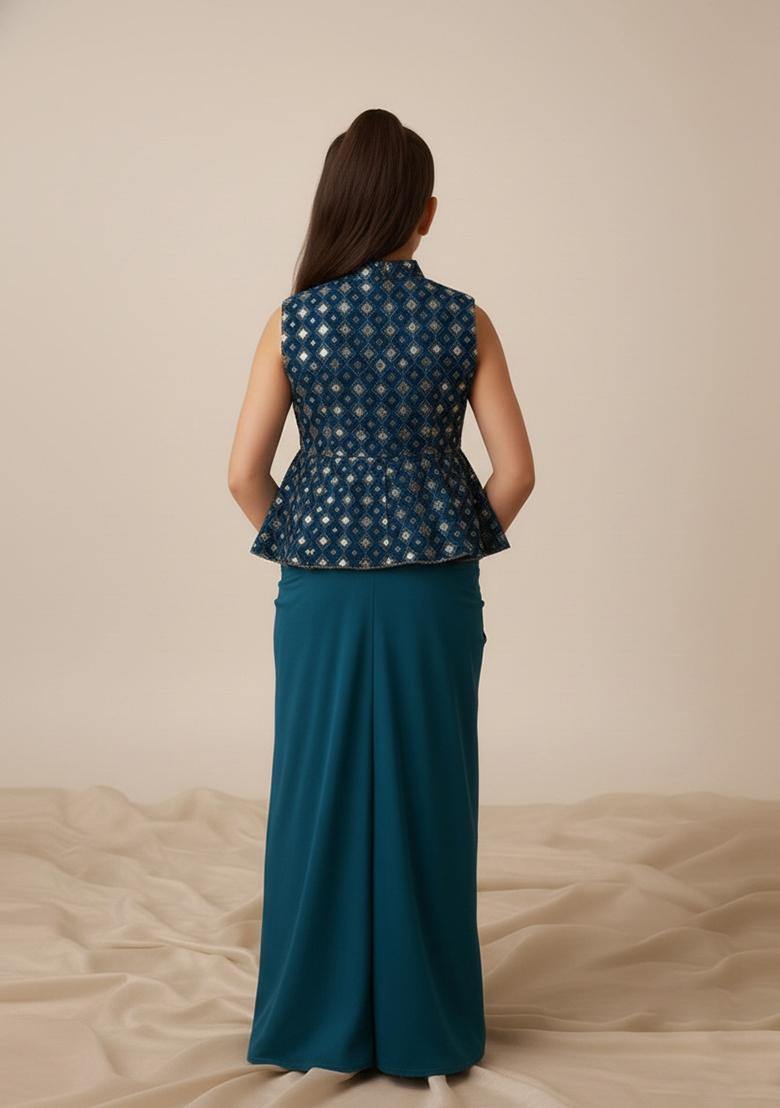 Girls Blue Silk Embellished Blouse Fusion Set - Indya