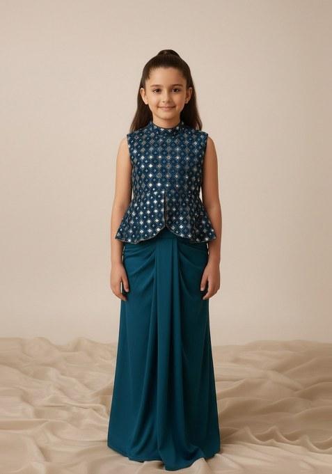 Girls Blue Silk Embellished Blouse Fusion Set