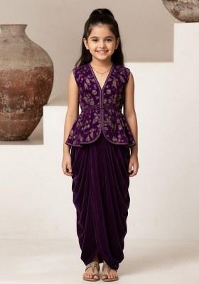 Girls Purple Embroidered Blouse Fusion Set