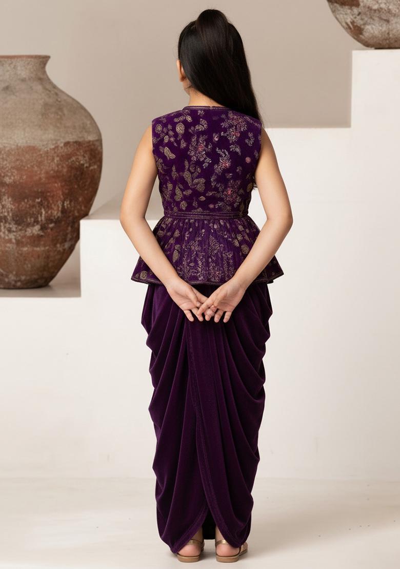 Girls Purple Embroidered Blouse Fusion Set - Indya