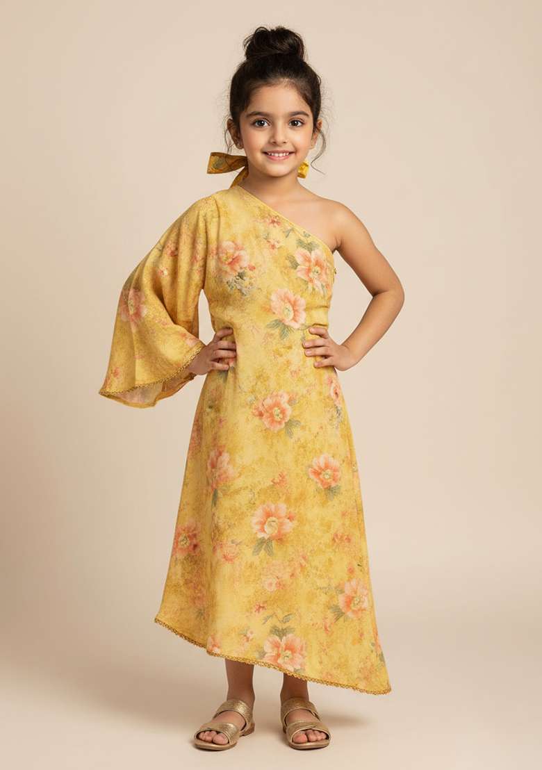 Girls Yellow Chiffon Floral Printed Dress - Indya
