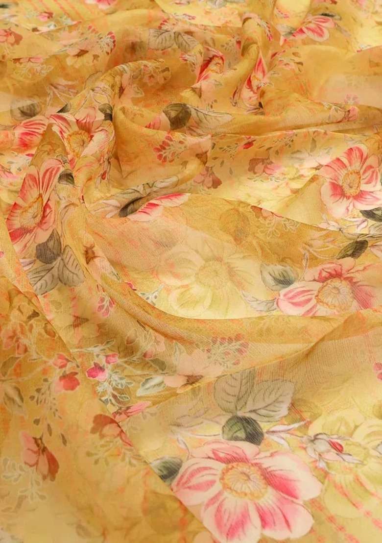 Girls Yellow Chiffon Floral Printed Dress - Indya
