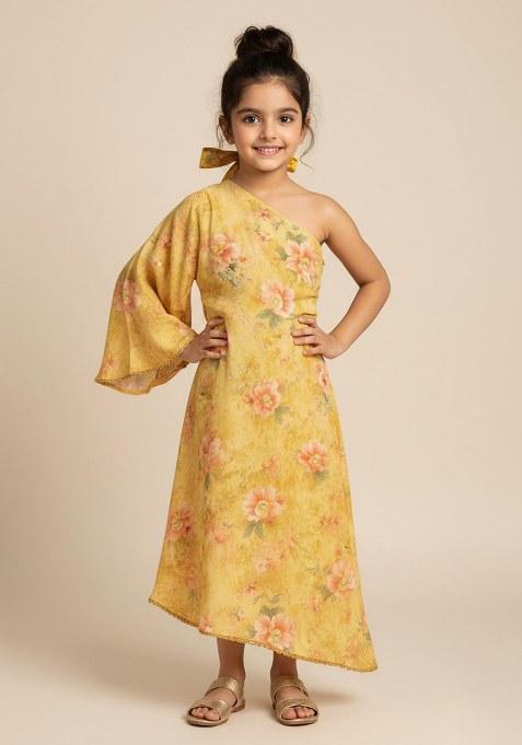 Girls Yellow Chiffon Floral Printed Dress