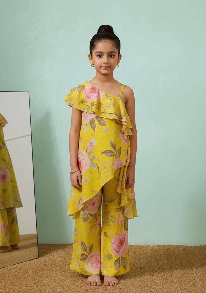 Girls Yellow Satin Floral Printed Fusion Set
