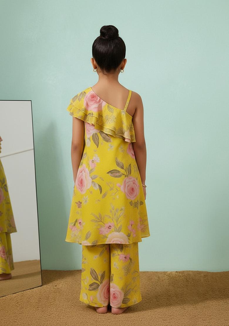Girls Yellow Satin Floral Printed Fusion Set - Indya