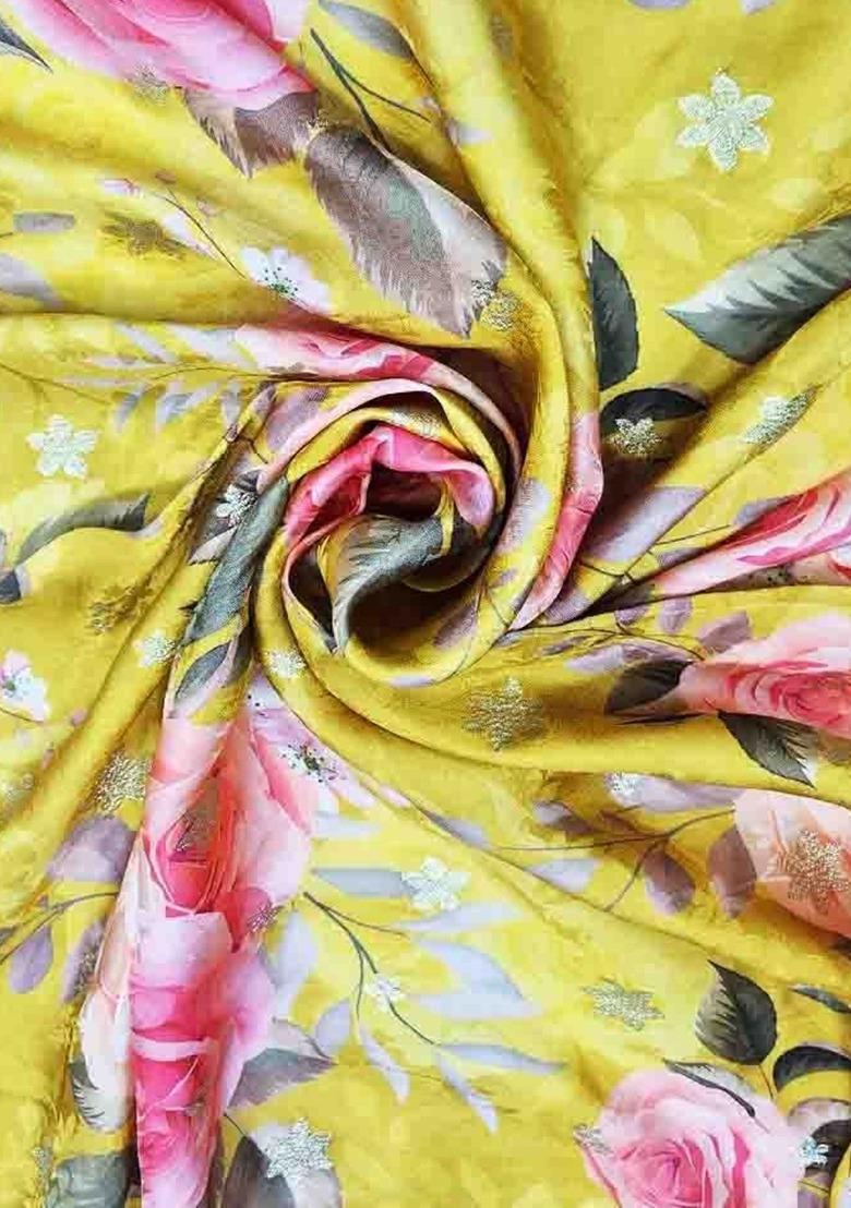 Girls Yellow Satin Floral Printed Fusion Set