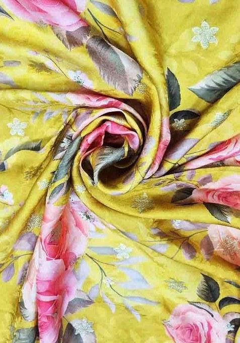 Girls Yellow Satin Floral Printed Fusion Set