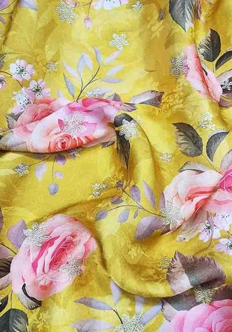 Girls Yellow Satin Floral Printed Fusion Set