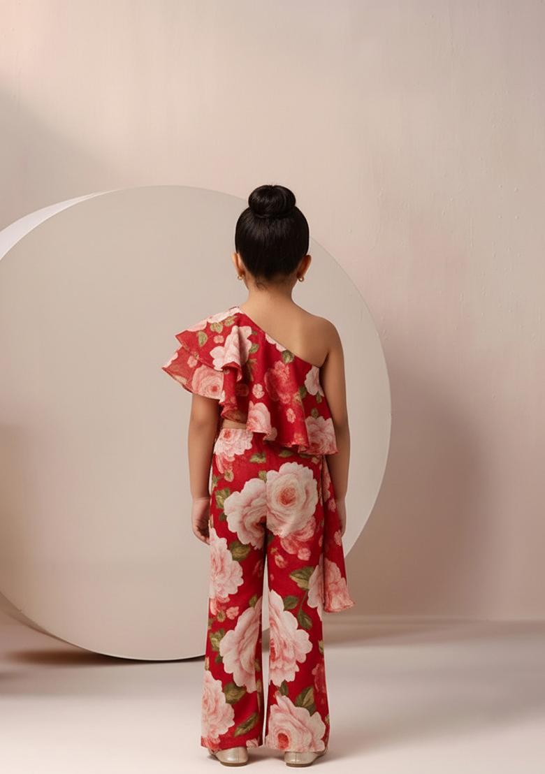 Girls Red Satin Floral Printed Fusion Set - Indya
