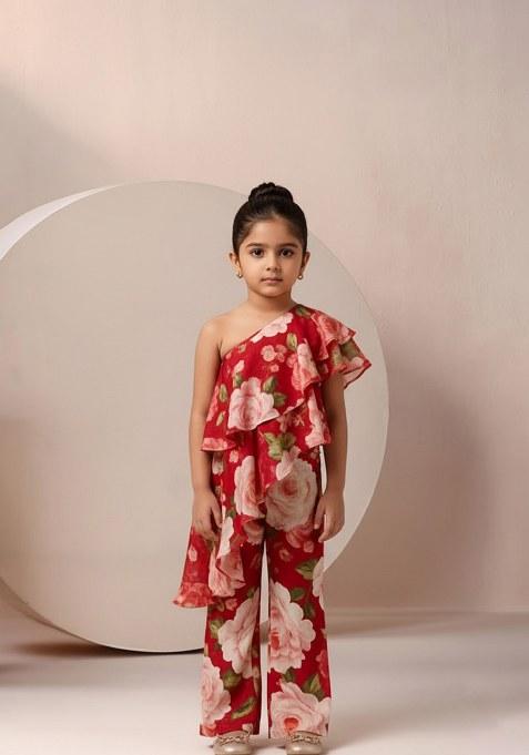 Girls Red Satin Floral Printed Fusion Set