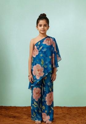 Girls Blue Satin Floral Printed Fusion Set