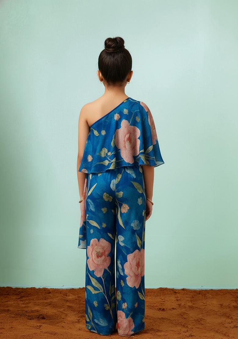 Girls Blue Satin Floral Printed Fusion Set - Indya