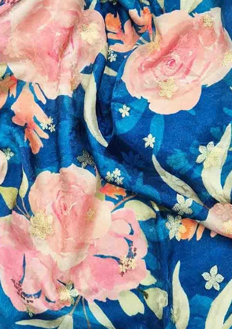 Girls Blue Satin Floral Printed Fusion Set - Indya