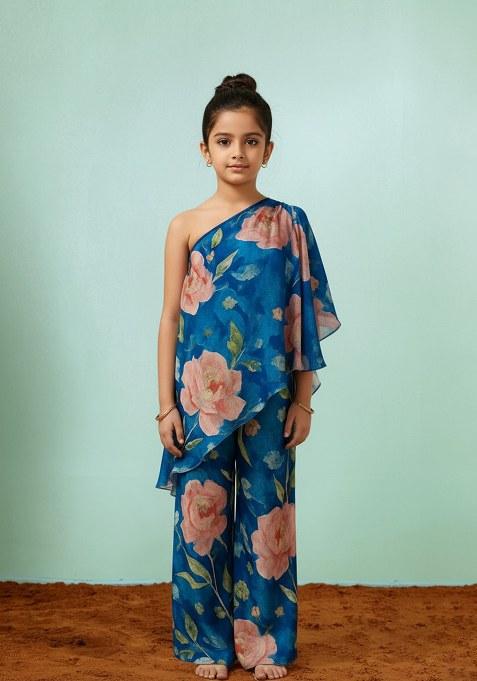 Girls Blue Satin Floral Printed Fusion Set