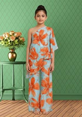 Girls Sky Blue Satin Floral Printed Fusion Set