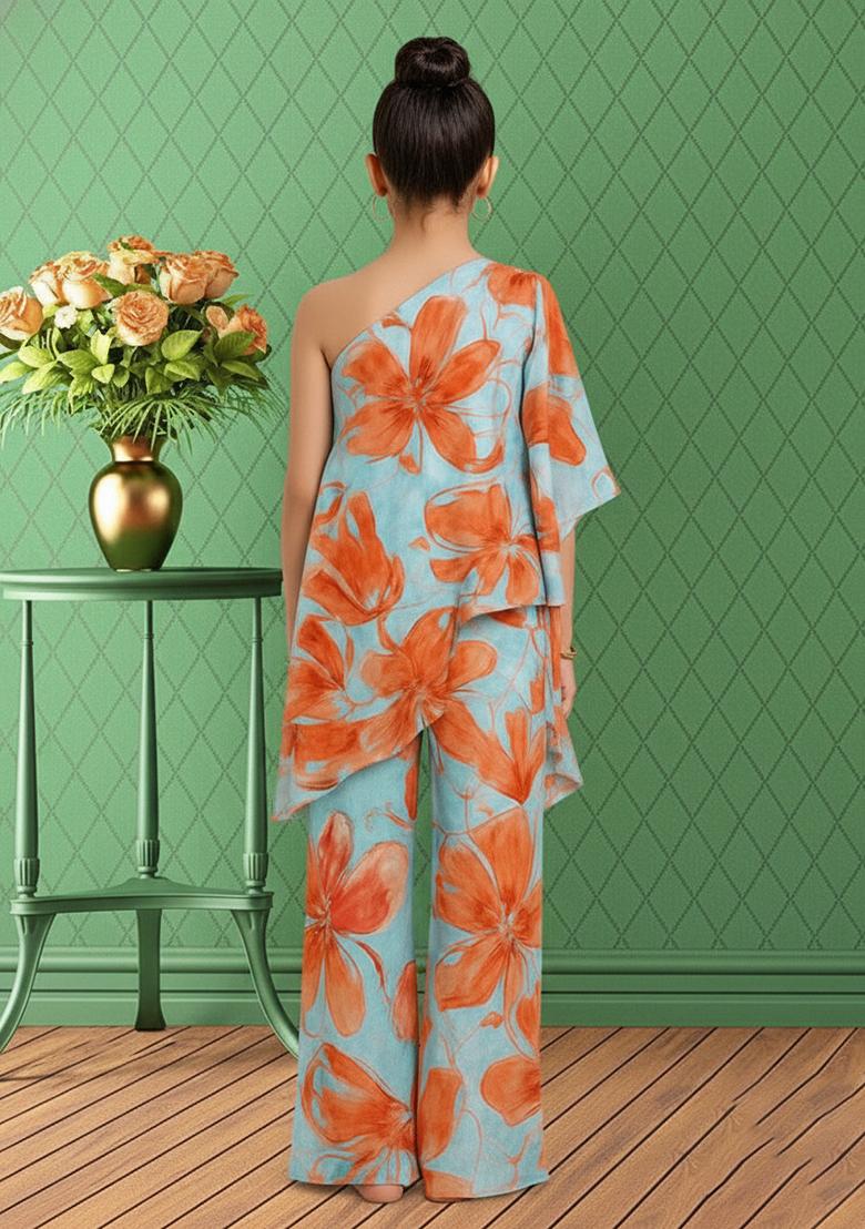 Girls Sky Blue Satin Floral Printed Fusion Set - Indya