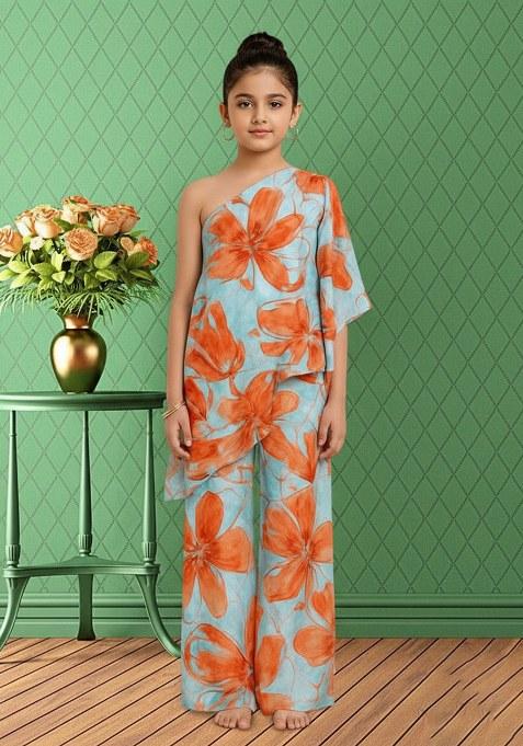 Girls Sky Blue Satin Floral Printed Fusion Set
