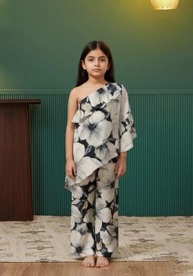 Girls Black And White Satin Floral Printed Fusion Set