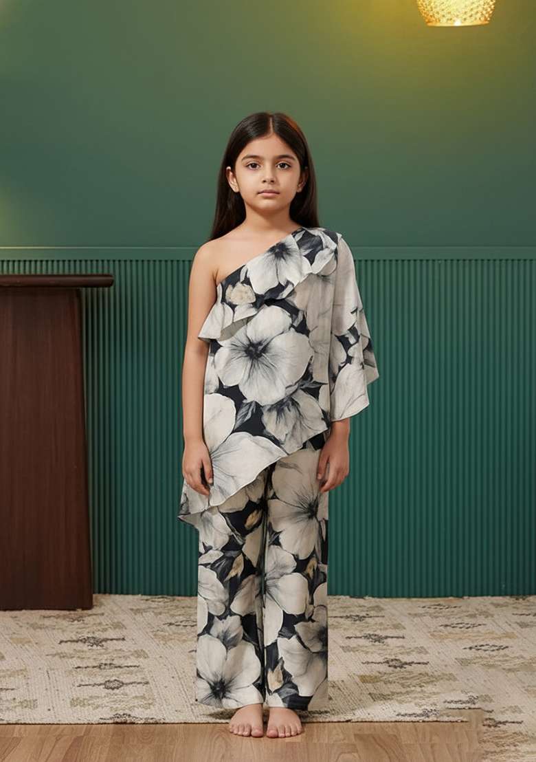 Girls Black And White Satin Floral Printed Fusion Set - Indya