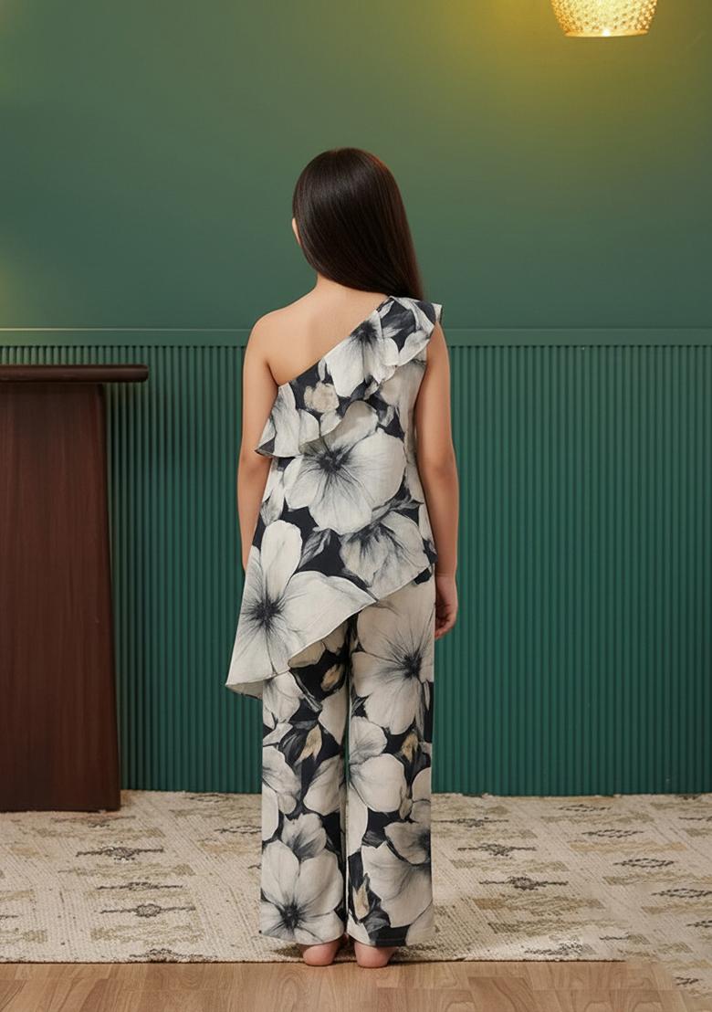 Girls Black And White Satin Floral Printed Fusion Set - Indya