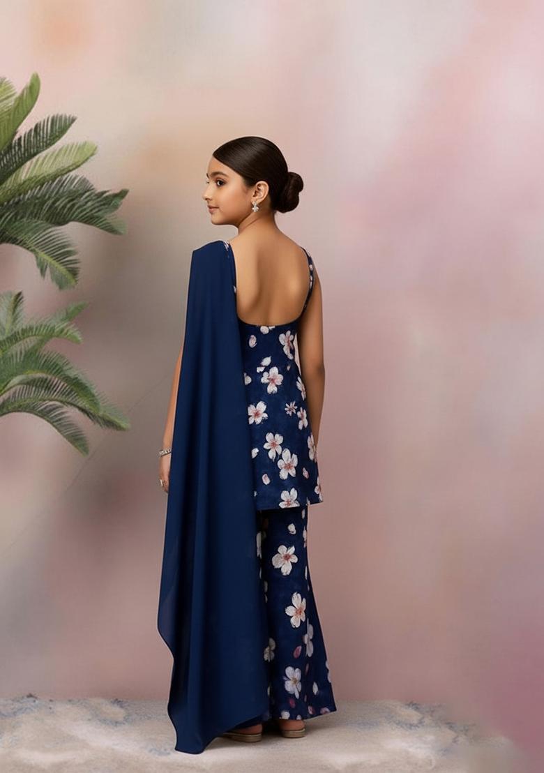 Girls Blue Satin Floral Printed Short Kurta With Plazzo - Indya