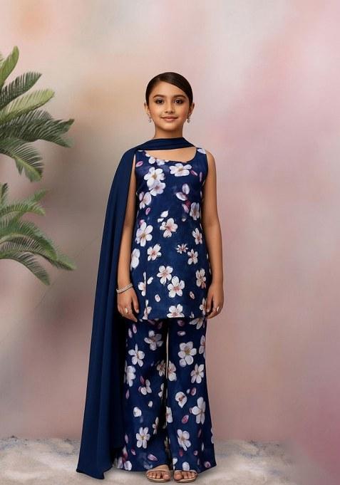 Girls Blue Satin Floral Printed Short Kurta With Plazzo
