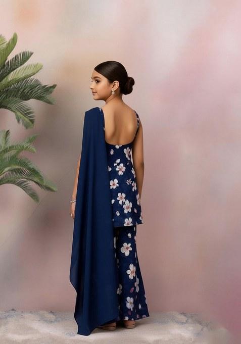 Girls Blue Satin Floral Printed Short Kurta With Plazzo