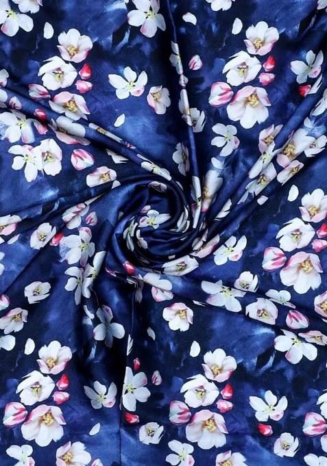 Girls Blue Satin Floral Printed Short Kurta With Plazzo