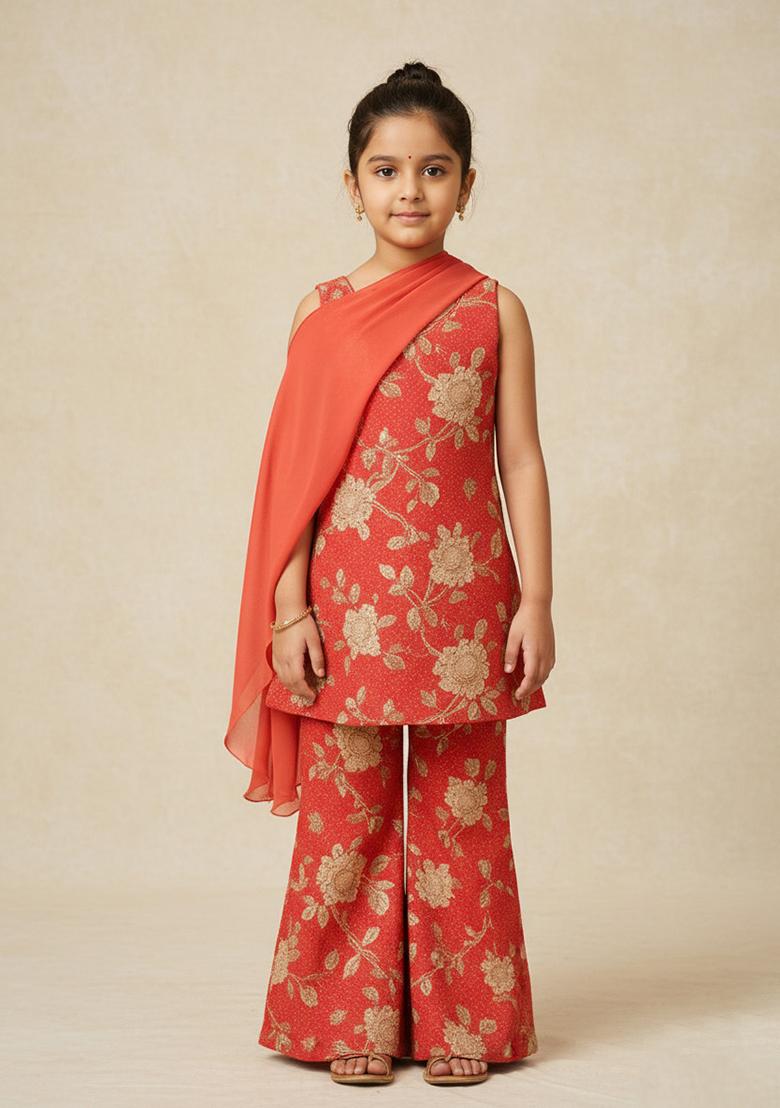 Girls Peach Satin Floral Printed Short Kurta With Palazzo