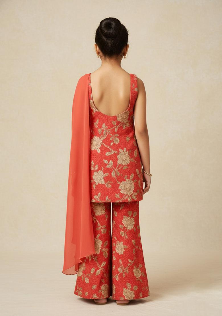 Girls Peach Satin Floral Printed Short Kurta With Palazzo - Indya