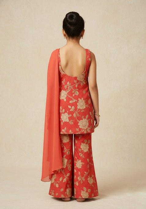 Girls Peach Satin Floral Printed Short Kurta With Palazzo
