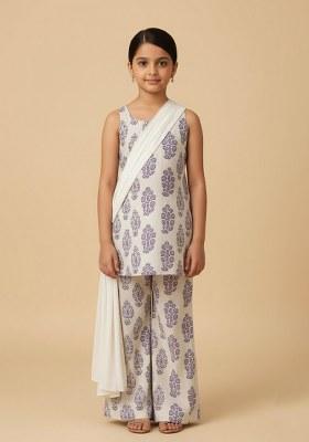 Girls Off White Satin Block Printed Short Kurta With Palazzo