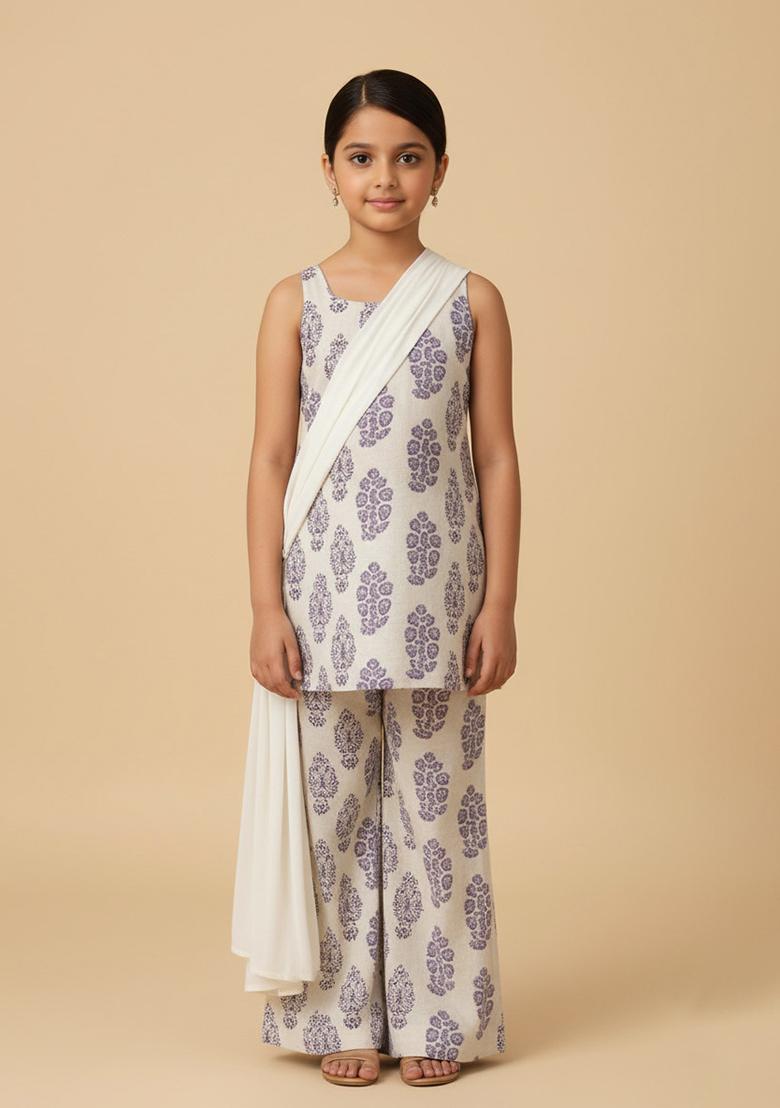 Girls Off White Satin Block Printed Short Kurta With Palazzo