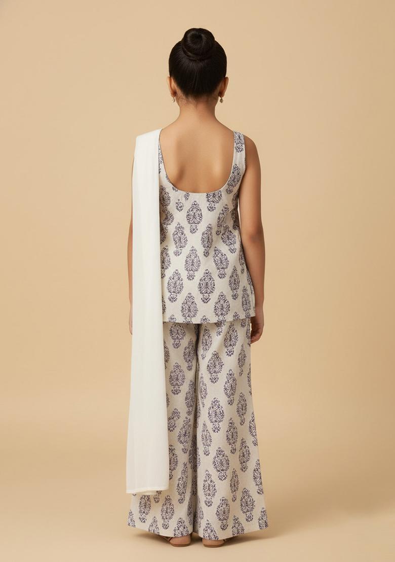 Girls Off White Satin Block Printed Short Kurta With Palazzo - Indya