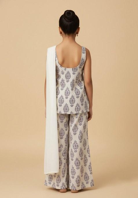 Girls Off White Satin Block Printed Short Kurta With Palazzo