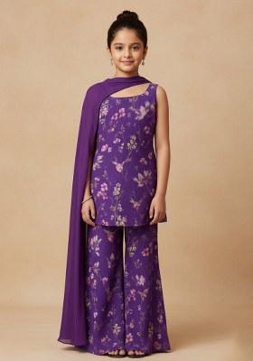 Girls Purple Chiffon Floral Printed Short Kurta With Palazzo