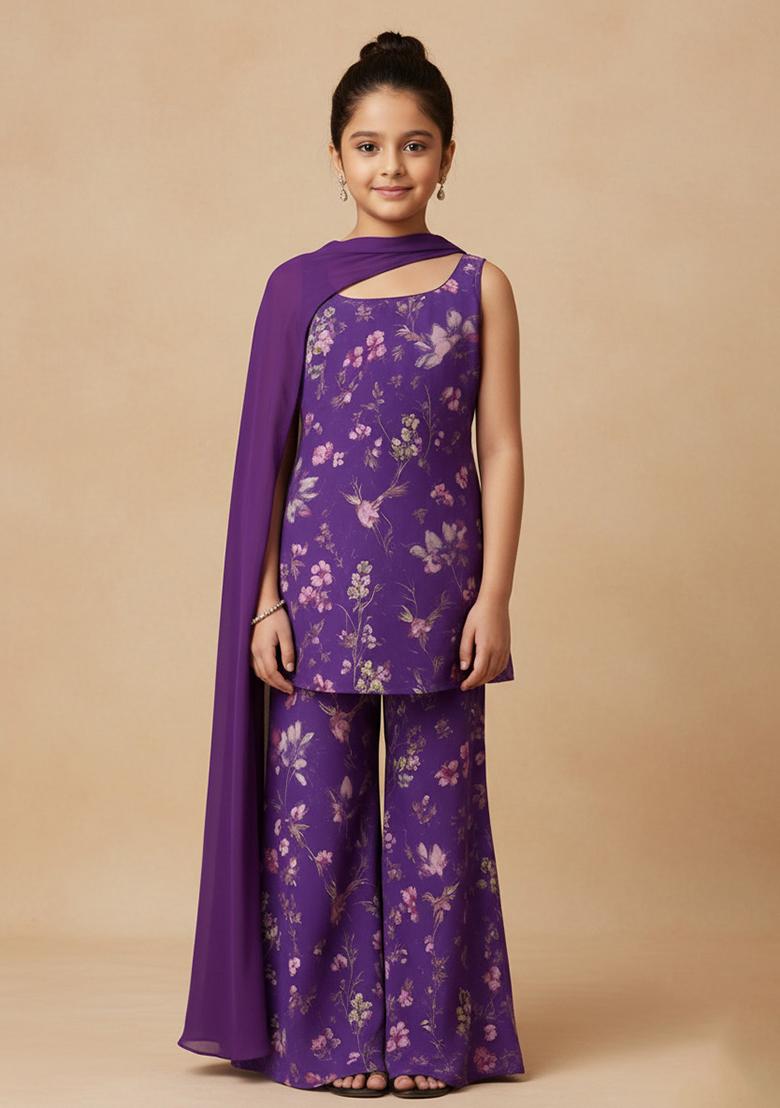 Girls Purple Chiffon Floral Printed Short Kurta With Palazzo - Indya