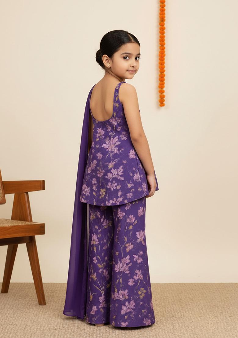 Girls Purple Chiffon Floral Printed Short Kurta With Palazzo - Indya