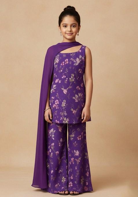 Girls Purple Chiffon Floral Printed Short Kurta With Palazzo