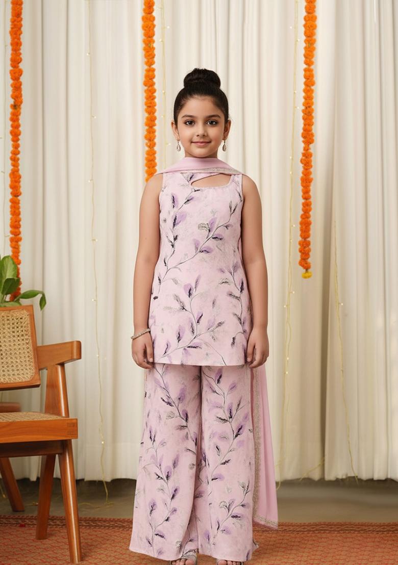 Girls Pink Satin Floral Printed Short Kurta With Palazzo - Indya