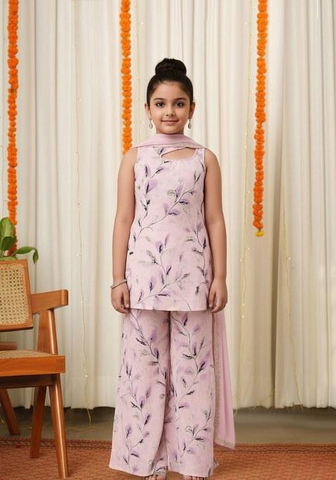Girls Pink Satin Floral Printed Short Kurta With Palazzo