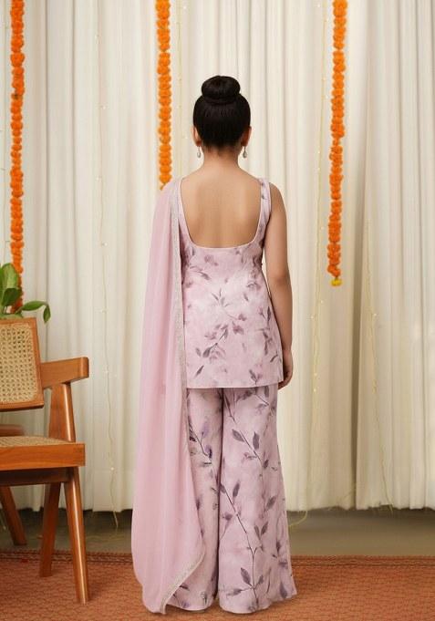 Girls Pink Satin Floral Printed Short Kurta With Palazzo