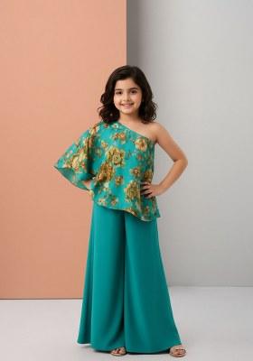 Girls Teal Green Satin Floral Printed Fusion Set
