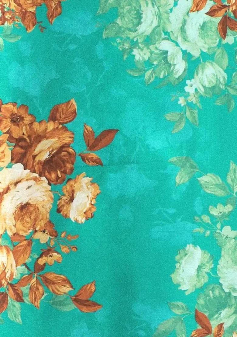 Girls Teal Green Satin Floral Printed Fusion Set - Indya