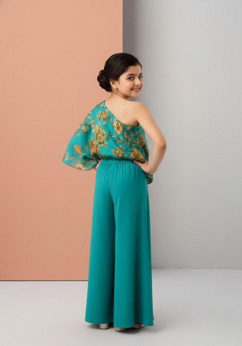 Girls Teal Green Satin Floral Printed Fusion Set