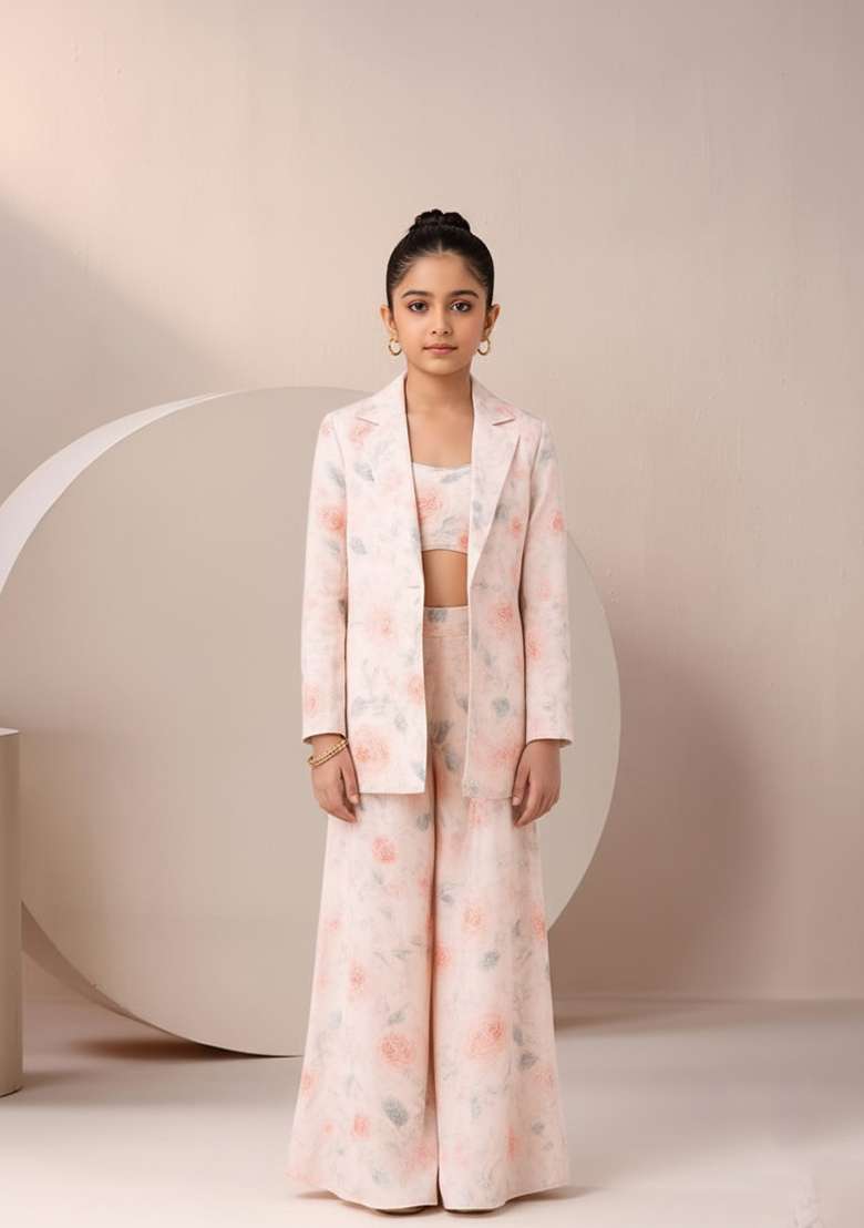 Girls Pastel Pink Satin Floral Printed Fusion Set - Indya