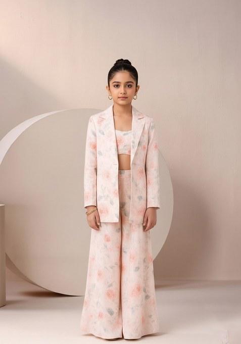 Girls Pastel Pink Satin Floral Printed Fusion Set
